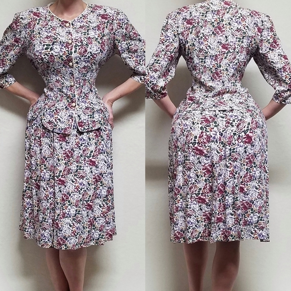 90s Vintage Ms. Basia Multi-color Cabbage Rose Blouse Skirt Two-Piece Set 14